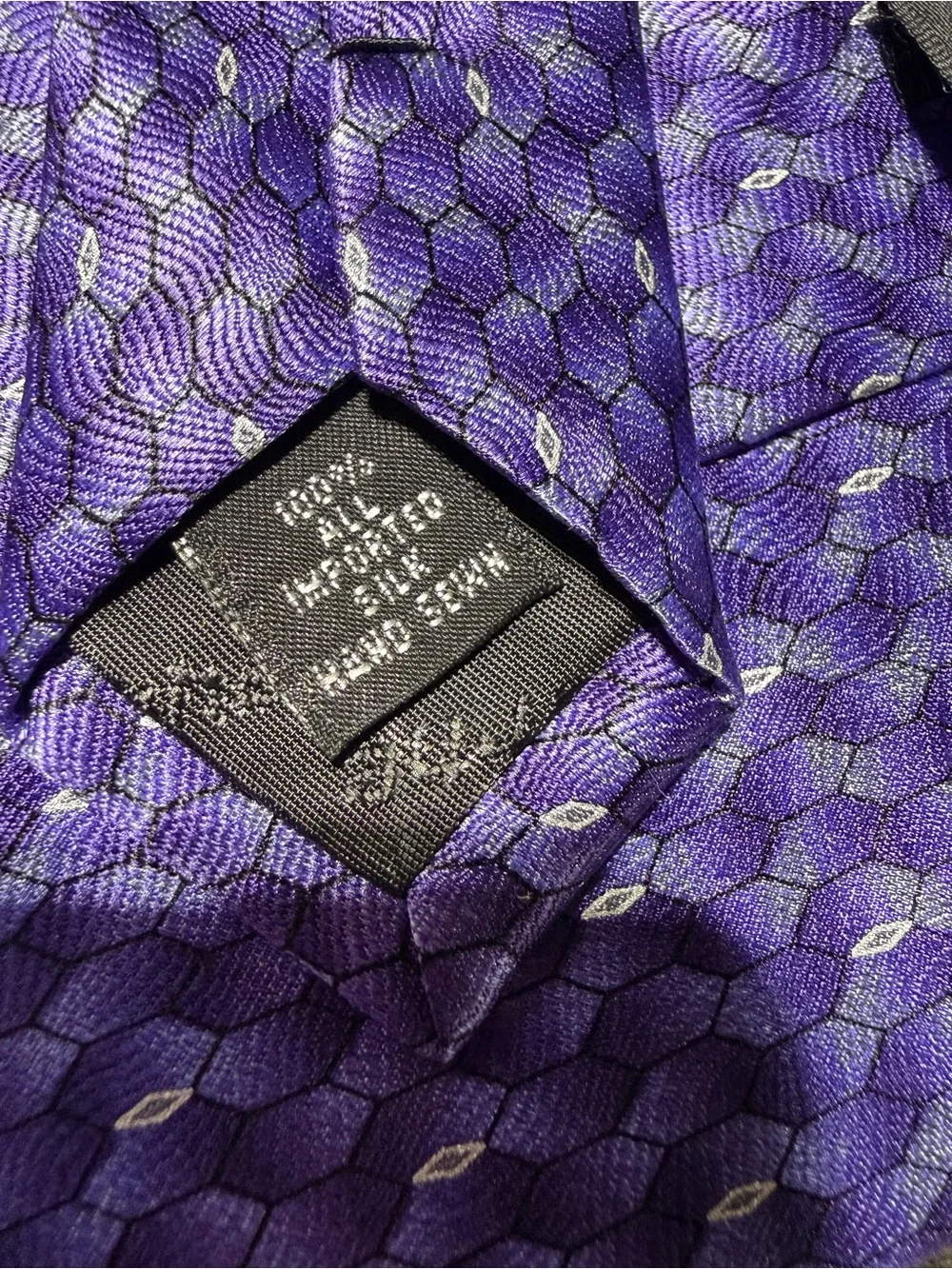 Claiborne 100% Imported Silk Purple Geometric Silk Tie- hand sewn